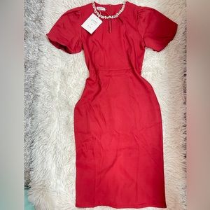 Beautiful Red Midi Dress with Rhinestone Neck
FREE T-Shirt With Order